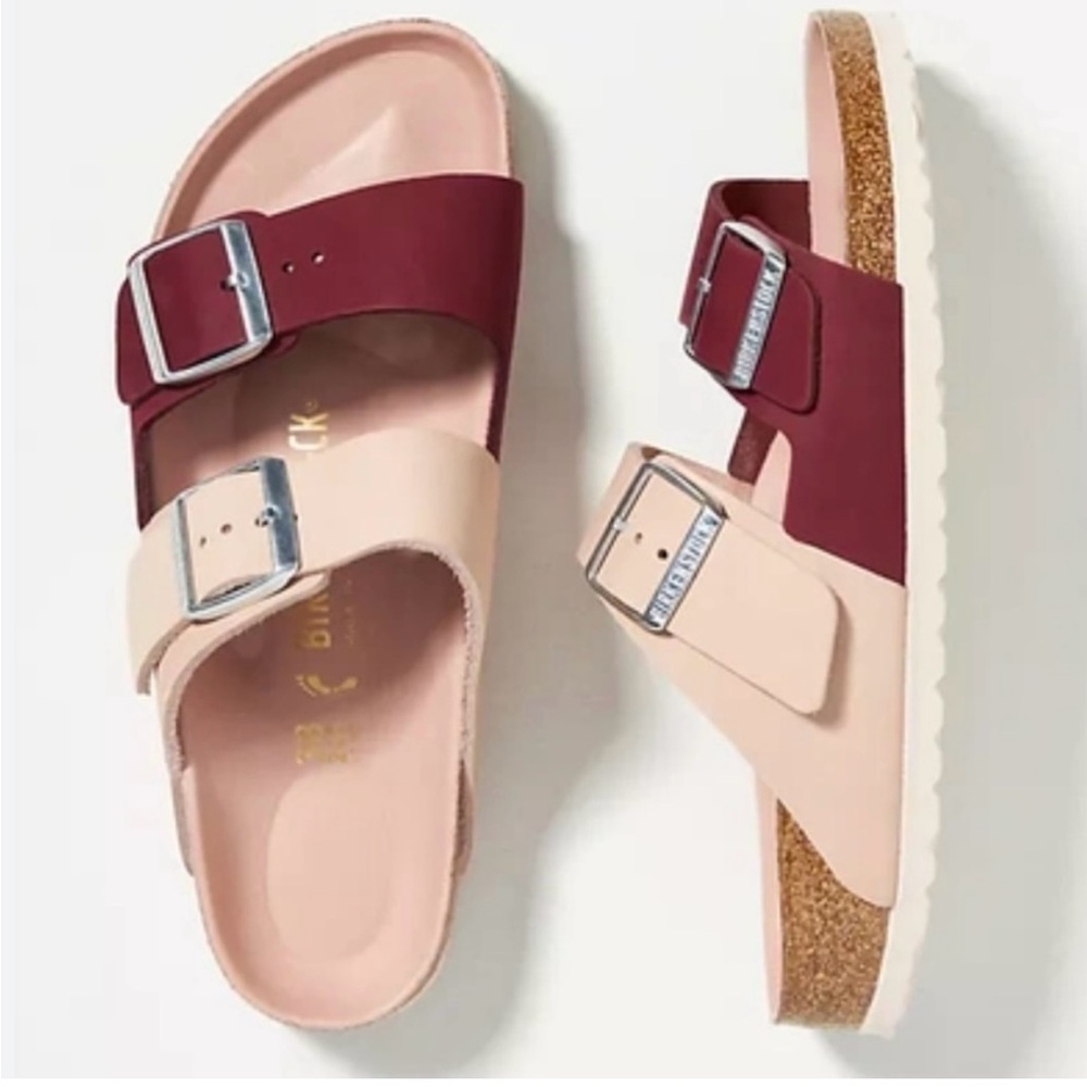 Birkenstock Arizona split hex Burgundy and Beige Buckle Sandals